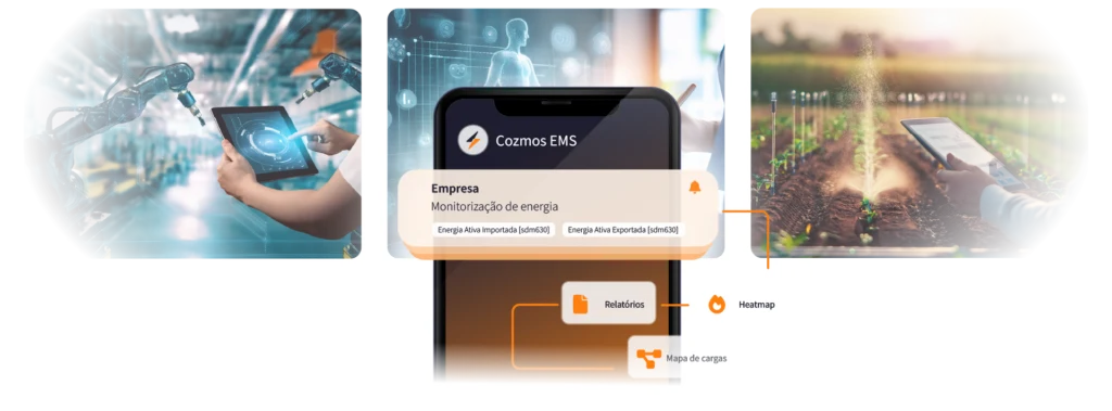 Interface do software Cozmos EMS para monitorização de energia em dispositivos móveis, com exemplos de aplicação em ambiente fabril e setor agrícola.