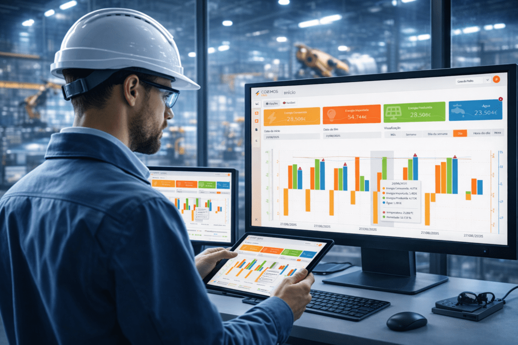 Engenheiro industrial a monitorizar dados no dashboard do software, exibido num monitor grande e num tablet, com gráficos de energia consumida, importada, produzida e água numa fábrica moderna.