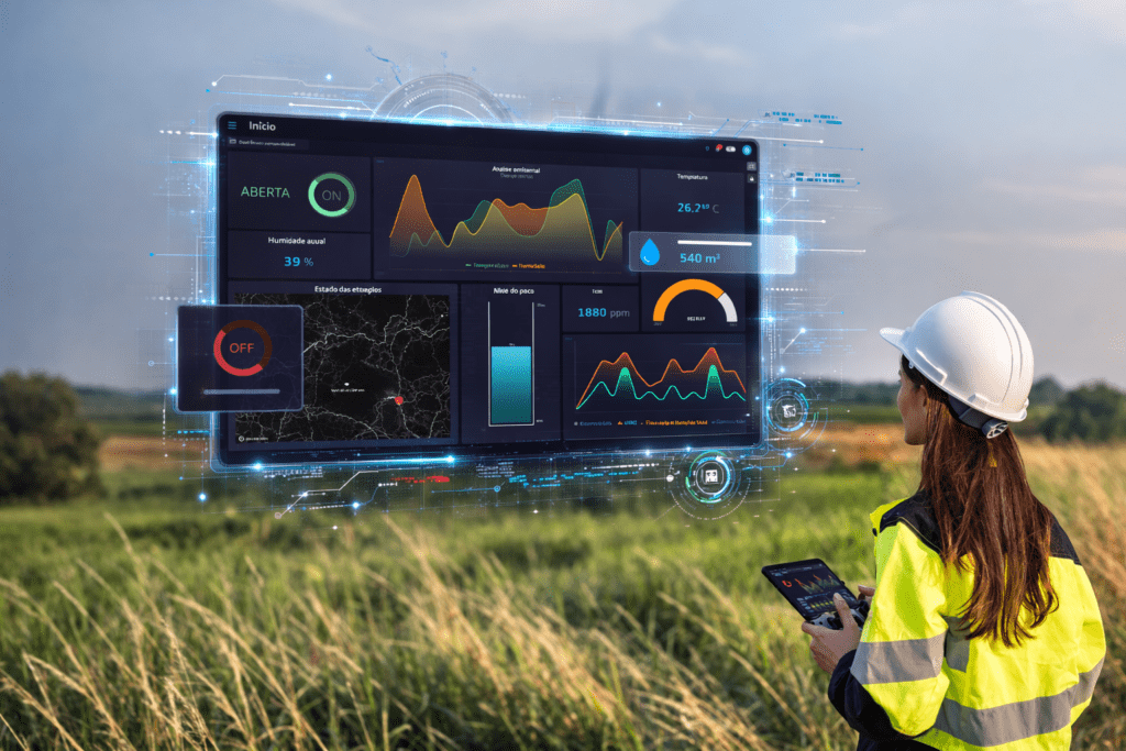 Field technician wearing a helmet and using a tablet to monitor operational data on a digital dashboard with energy and sensor graphs in a rural outdoor environment.