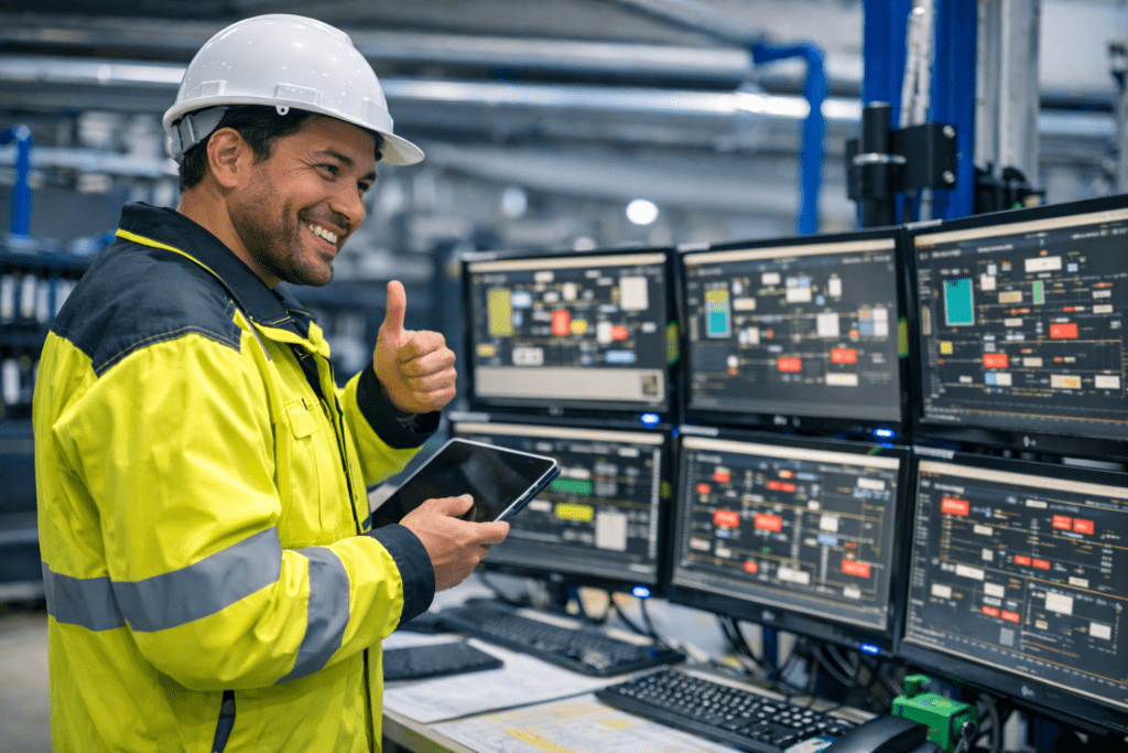 Técnico industrial sorridente, indicando operação segura e eficiente.