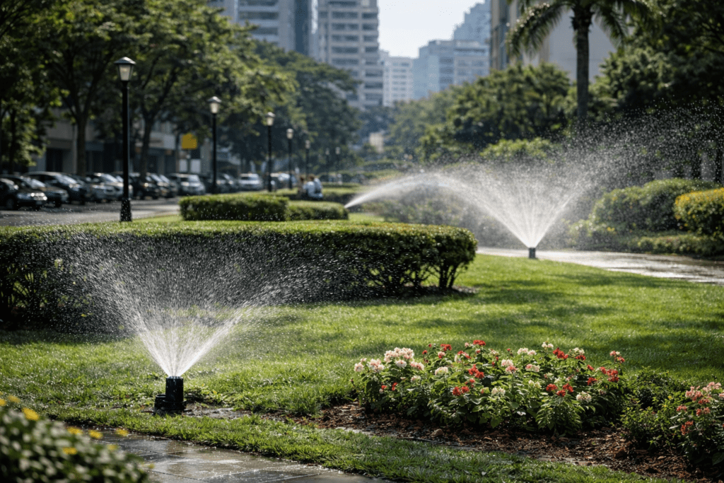 Jardim urbano saudável com sistema de rega em ação, relva, flores, arbustos e árvores, com prédios no fundo