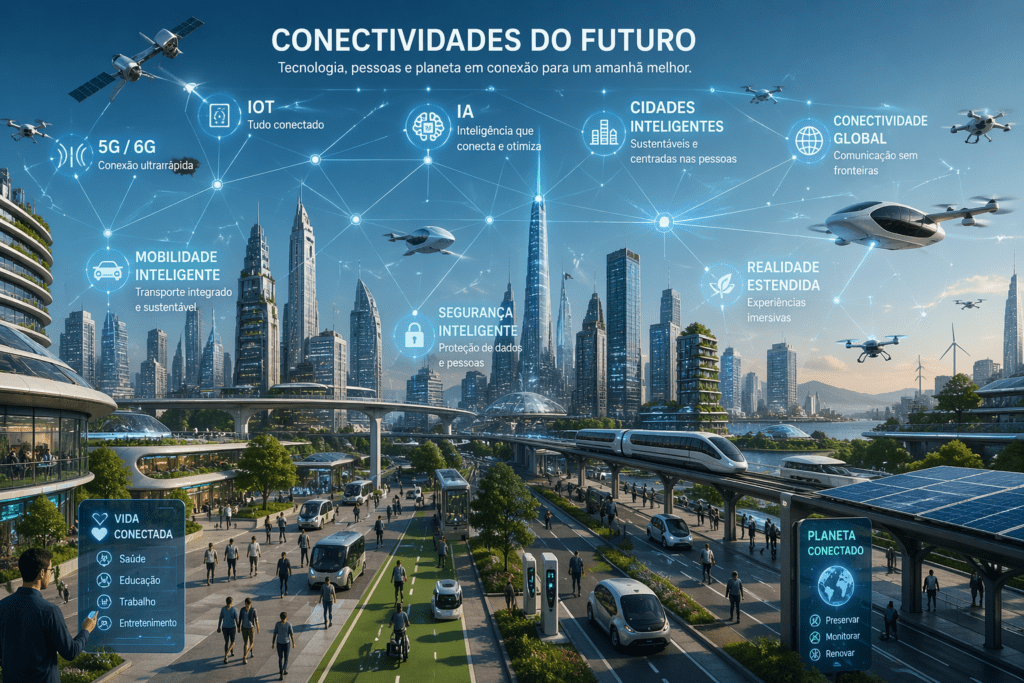 Cidade movimentada com conectividades e comunicações IoT do Futuro