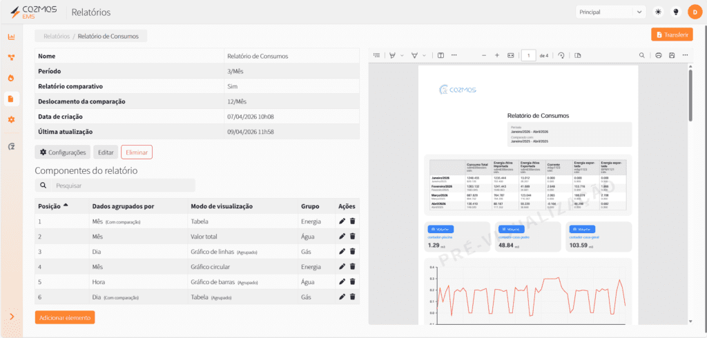 relatórios energéticos automáticos editor com pré-visualização e configuração de dados