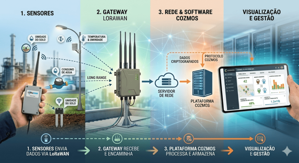 Sistema exemplo de comunicação LoRaWan, com representação de sensores, gateway, servidor e software Cozmos