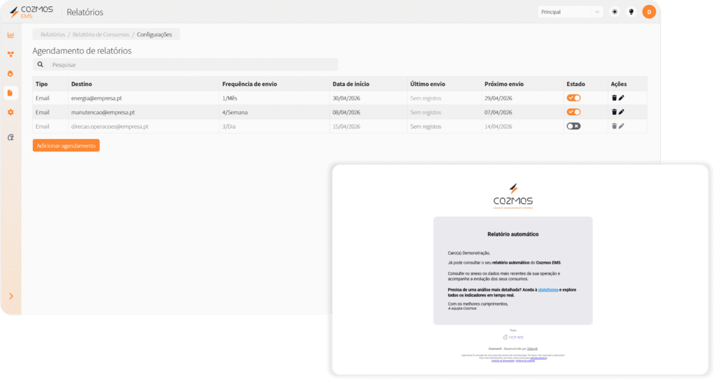 painel de configuração e emails dos relatórios energéticos automáticos 