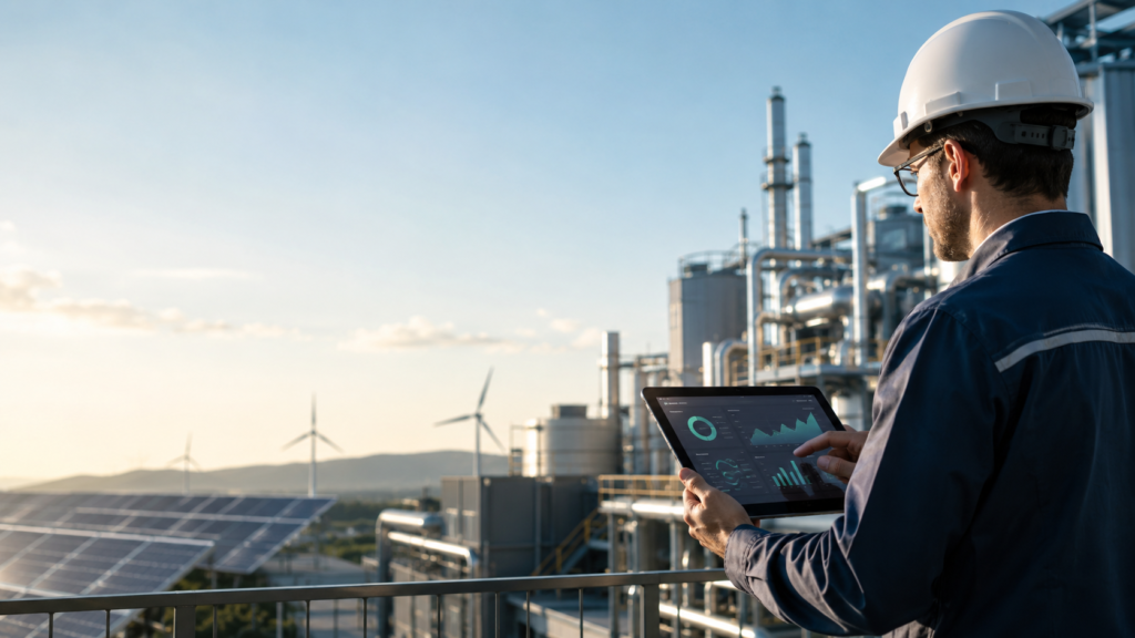 Engenheiro a analisar dados de monitorização energética num tablet, junto a uma unidade industrial com painéis solares e turbinas eólicas.