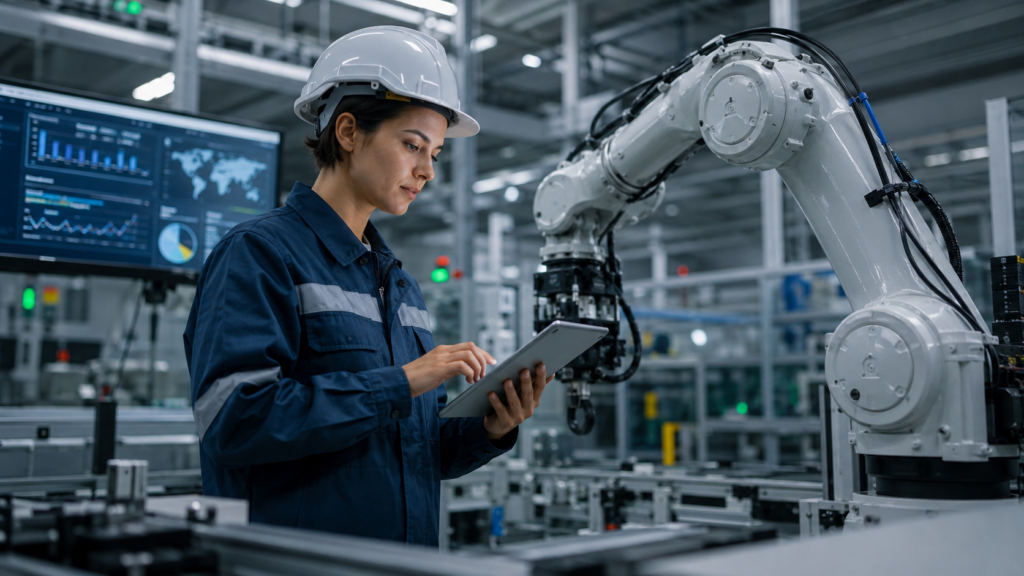 Técnica industrial a utilizar um tablet para monitorizar um braço robótico numa fábrica automatizada com sistemas IoT.