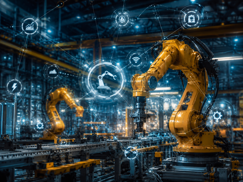 Braços robóticos numa fábrica automatizada com ícones digitais de IoT, sensores, energia e análise de dados ligados em rede.