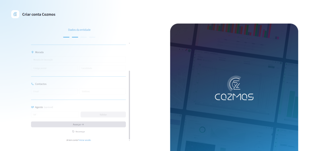Registo da entidade no Cozmos Login 1.2 - morada, contactos e agente