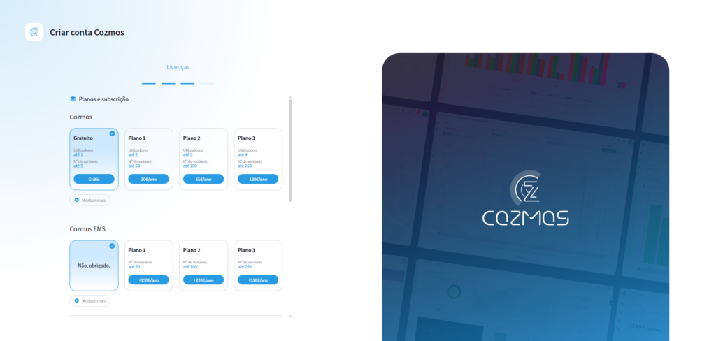 Seleção de licenças no Cozmos Login 1.2