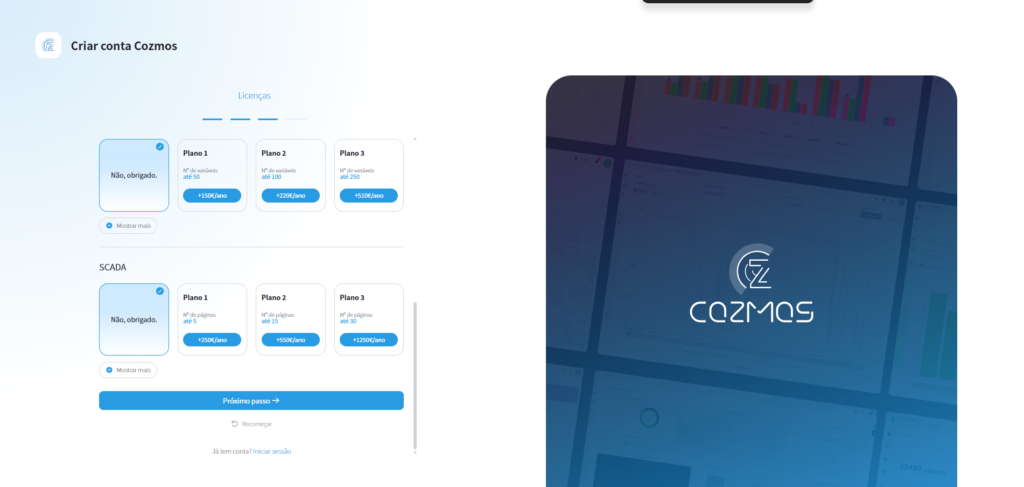 Seleção de licenças pt.2 no Cozmos Login 1.2