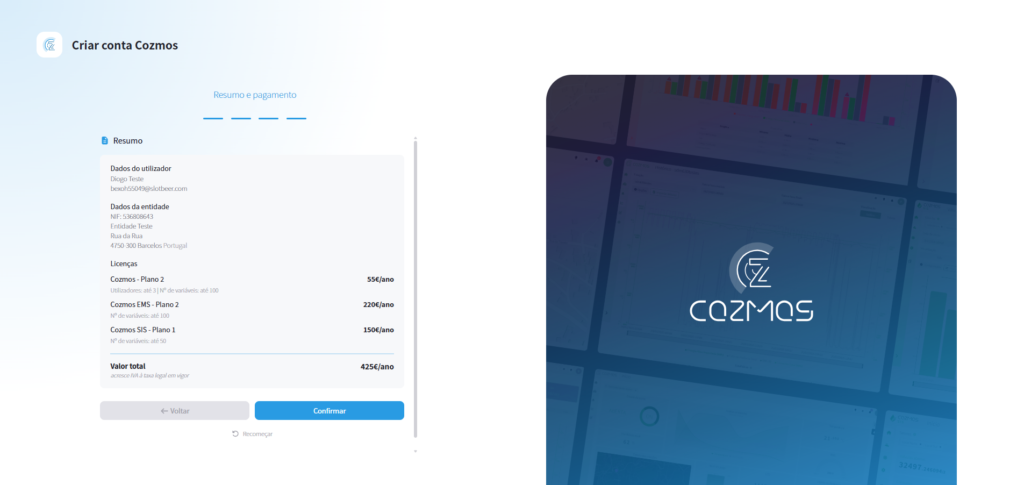 Resumo do registo Cozmos Login 1.2 e das licenças escolhidas