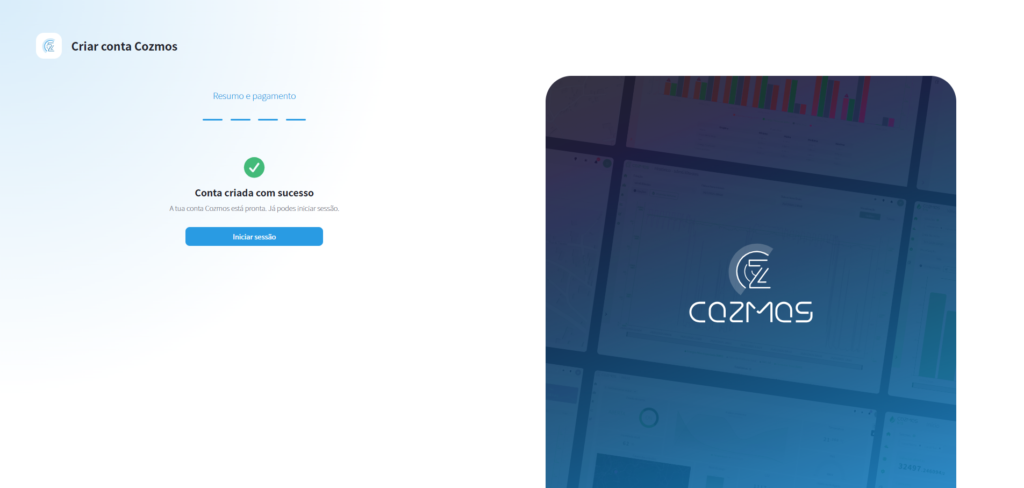 Confirmação de conta Cozmos criada com sucesso
