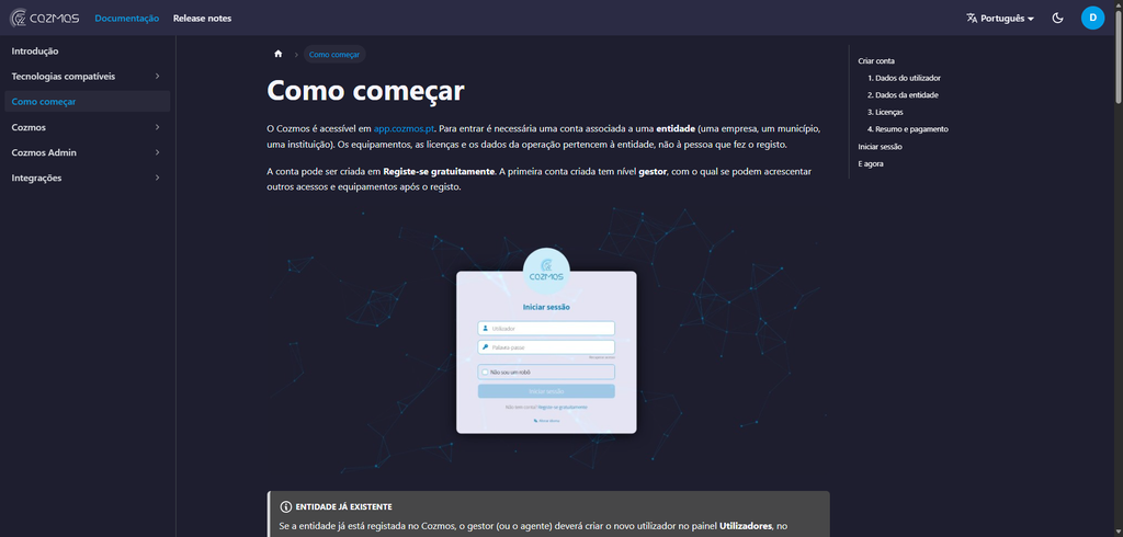 Página Como começar do Cozmos Docs, com o ecrã Iniciar sessão