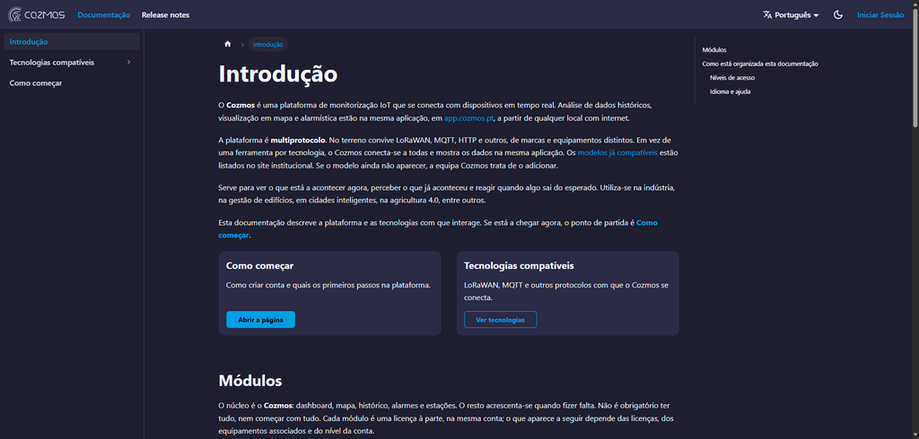 Página de introdução do Cozmos Docs, com os cartões Como começar e Tecnologias compatíveis