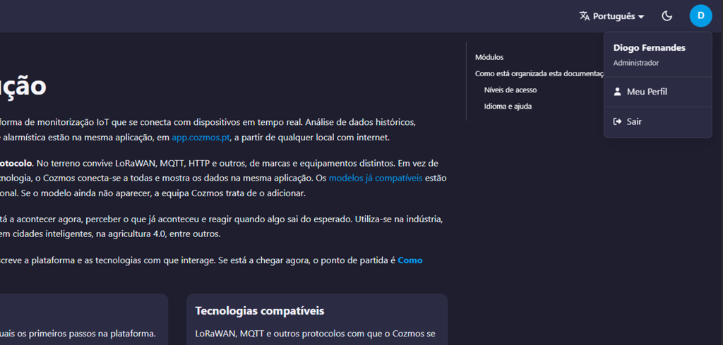 Menu do perfil no Cozmos Docs, com as opções Meu Perfil e Sair